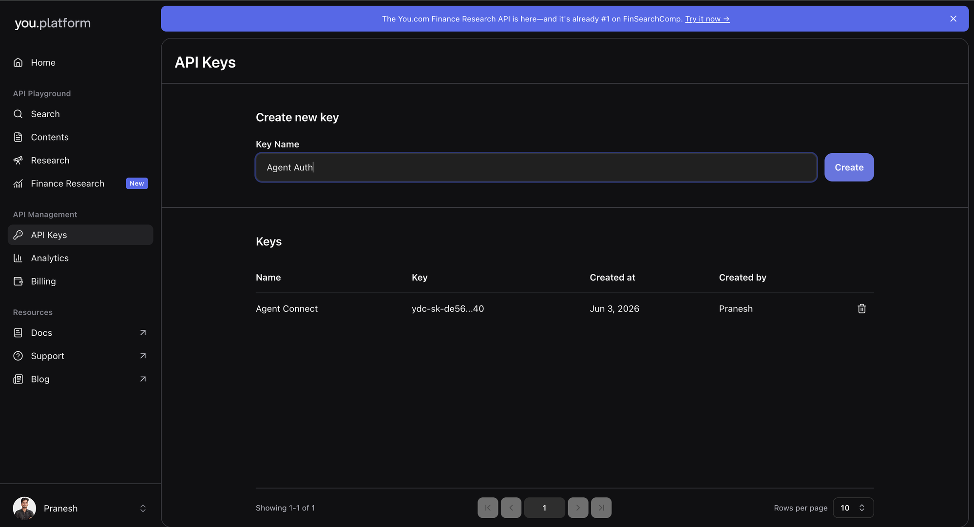 You.com API Keys page showing the Create new key form and existing keys list